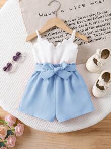 SHEIN 女婴可爱白色吊带背心和松紧腰短裤两件套，夏季 - 藍白色 - 查看 1
