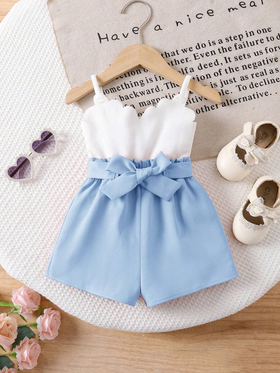 SHEIN 女婴可爱白色吊带背心和松紧腰短裤两件套，夏季 - 藍白色 - 查看 1