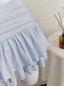 Elamini 米色度假风百褶宽松腰部双层雪纺短裙 - 淺藍色 - 查看 6