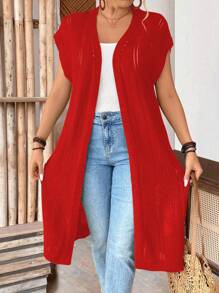 SHEIN LUNE 大码女款无袖镂空薄款长款开衫，适合度假、通勤、圣帕特里克节、春夏季 - 紅色 - 查看 5