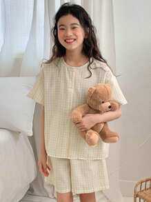 DAZY Tween Girls Plaid Pajama Set With Short Sleeve Top And Shorts - Yellow - View 1