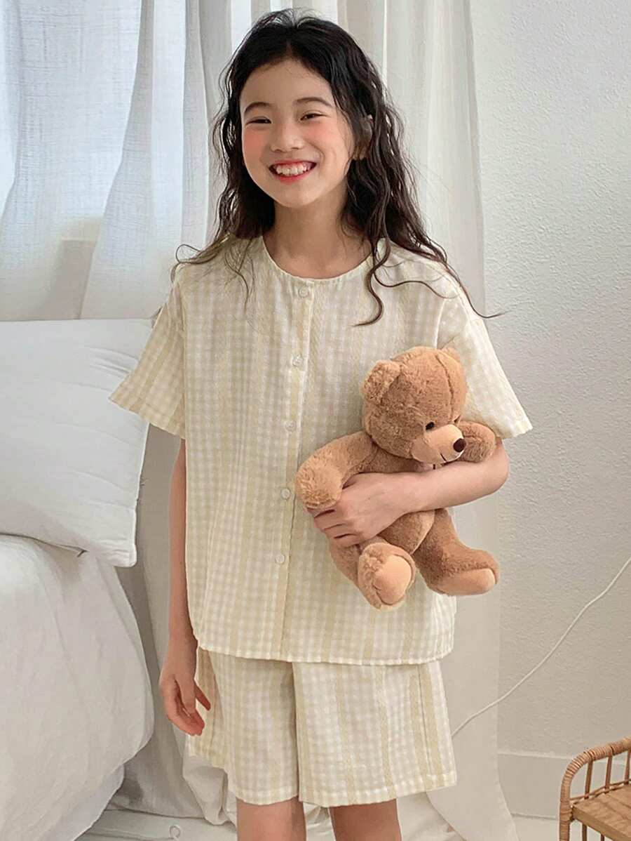 DAZY Tween Girls Plaid Pajama Set With Short Sleeve Top And Shorts - Yellow - View 1