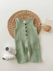 Mono de tirantes de gasa verde casual y versátil para bebé recién nacido niño, adecuado para la playa y salidas - Multicolor - Ver 8