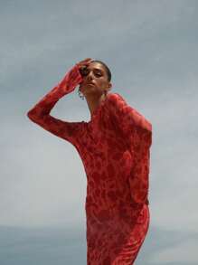 Opulessa Fitted Knitted Fabric Maxi Dress With Extra-Long Sleeves In Elegant Red Red Dress Open Back Dress Red Vacation Dress Backless Dress Red Cover Up