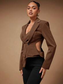 Hauture Fashionable Sexy Asymmetric Hollow Out Blazer - Coffee Brown - View 5