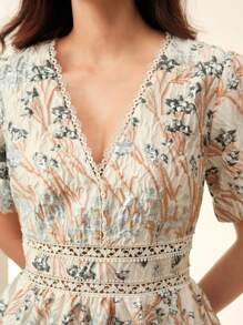 Anewsta Damen Kleid mit Blumenmuster, elegantes Kleid mit Kragen und V-Ausschnitt