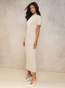 女士优雅褶皱腰身中长款度假连衣裙，春夏款 - 杏色 - 查看 6