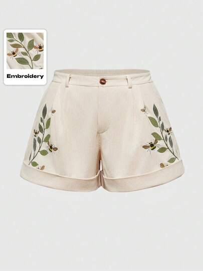 Kawaii Plus Size Loose Casual Nature Themed Bee Embroidered Cuffed Hem Shorts