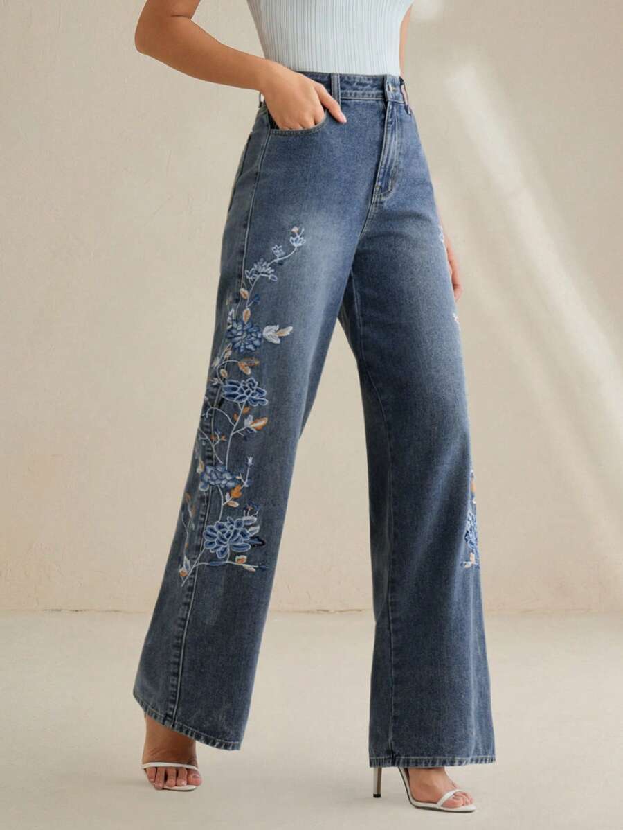 Anewsta Tall Pantalones vaqueros azules de pierna recta con bordado floral elegante para fiestas y vacaciones, primavera - Azul - Ver 1