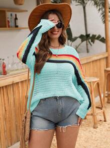 SHEIN LUNE Áo chui đầu dệt kim khoét lỗ nhiều màu sắc, áo choàng rộng rãi phong cách Boho, áo len dài tay, thích hợp cho các buổi đi chơi, chống nắng, xuân thu, trang phục đi hộp đêm, tiệc tùng, sinh nhật thu đông - Màu xanh nhạt - Xem 4