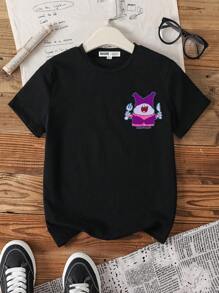 Chowder X SHEIN Camiseta de manga corta negra de estilo casual y urbano con estampado de letras y cuadros para niño preadolescente, para verano - Negro - Ver 2