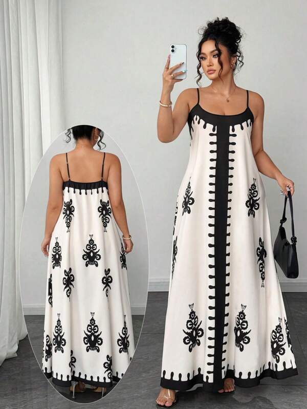 Elenzga Vestido maxi de verano de talla grande con tirantes de espagueti y estampado floral en estilo casual de vacaciones