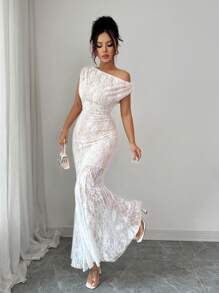 Elenzga 新款女式斜肩镂空蕾丝针织面料度假休闲日常百搭优雅修身年轻女士连衣裙，白色连衣裙 - 白色 - 查看 6