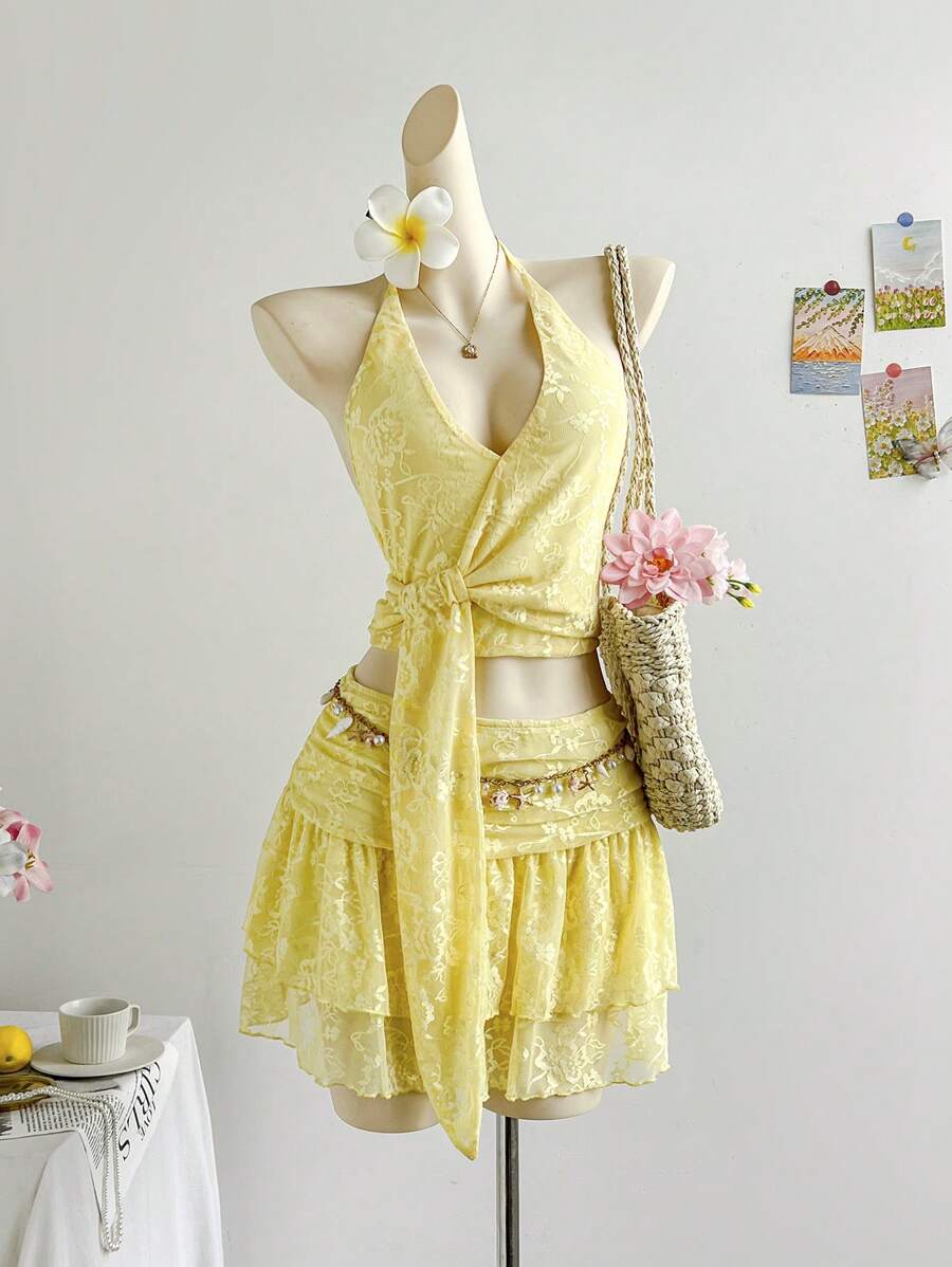 Soleia Bộ 2 món áo crop top hở lưng thắt nút màu vàng và chân váy mini cho nữ, thường ngày - Nhiều màu - Xem 1