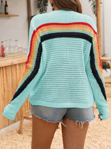 SHEIN LUNE Áo chui đầu dệt kim khoét lỗ nhiều màu sắc, áo choàng rộng rãi phong cách Boho, áo len dài tay, thích hợp cho các buổi đi chơi, chống nắng, xuân thu, trang phục đi hộp đêm, tiệc tùng, sinh nhật thu đông - Màu xanh nhạt - Xem 2