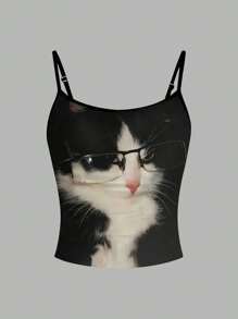 Flirla 黑白猫戴眼镜可爱古怪印花女式吊带背心衬衫 - 彩色 - 查看 1