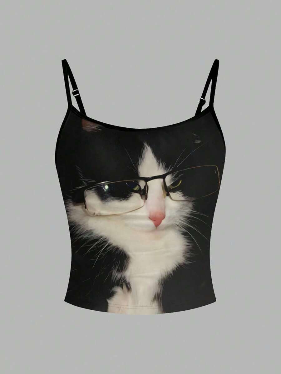 Flirla 黑白猫戴眼镜可爱古怪印花女式吊带背心衬衫 - 彩色 - 查看 1
