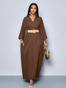 SOLERSUN 女士时尚 V 领宽松蝙蝠袖无腰带连衣裙，适合假日长款女装 - 咖啡 - 查看 7