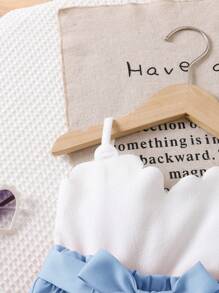 SHEIN 女婴可爱白色吊带背心和松紧腰短裤两件套，夏季 - 藍白色 - 查看 3