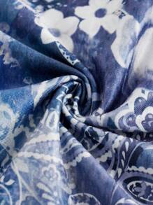 SHEIN ICON 女士春夏外出度假休闲复古印花露背吊带衫 Y2K V 领西部风女士波西米亚海滩女士嬉皮娃娃上衣 - 水鴨藍 - 查看 4