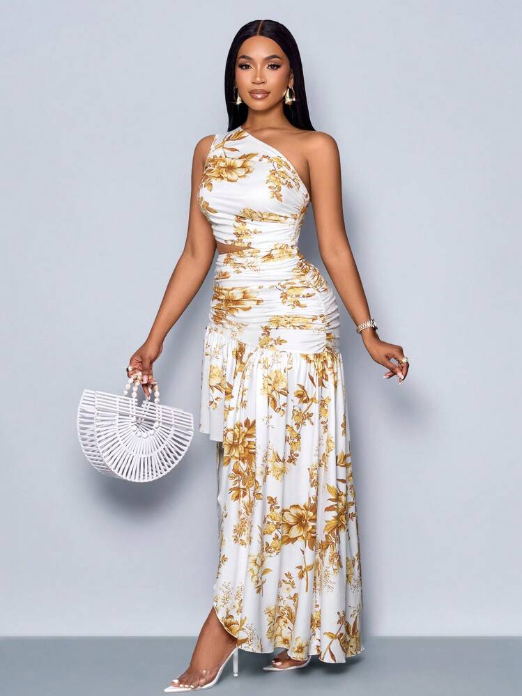 SOLERSUN Women's Asymmetrical Hem One Shoulder Tropical Print Cut Out Ruched Maxi Dress (Random Floral) Vacation Skirt Set - Yellow - View 5