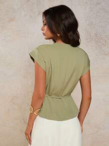 COSMINA Women's Elegant V-Neck Tie Waist Camisole, Spring/Summer - Olive Green - View 2