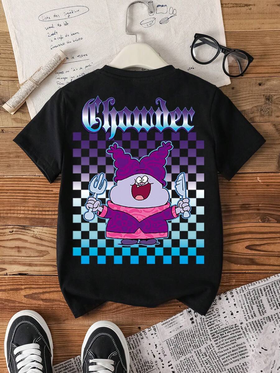Chowder X SHEIN Camiseta de manga corta negra de estilo casual y urbano con estampado de letras y cuadros para niño preadolescente, para verano - Negro - Ver 1