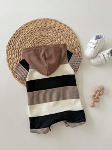Newborn Baby Boy Cute Summer Knit Patchwork Striped Bear Pattern Hooded Romper - Multicolor - View 2