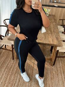 EMERY ROSE Bộ 2 món áo phông và quần legging màu tương phản thường ngày mùa hè cỡ lớn - màu đen - Xem 3