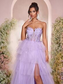 Glamrae 优雅奢华刺绣蕾丝拼布亮片网眼多层高开衩长裙，适合婚礼、派对、节日、正式场合（大量装饰） - 紫色 - 查看 2