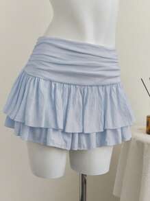 Elamini 米色度假风百褶宽松腰部双层雪纺短裙 - 淺藍色 - 查看 1