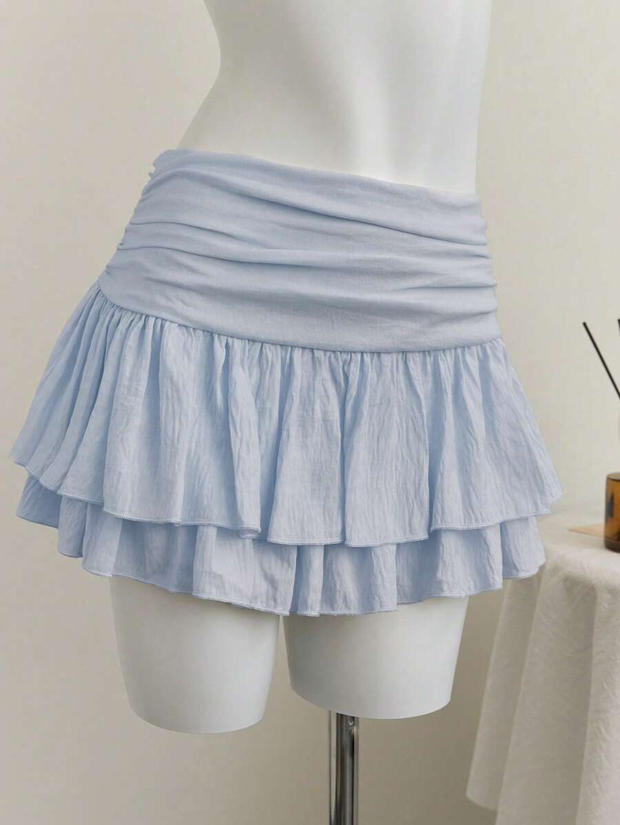 Elamini 米色度假风百褶宽松腰部双层雪纺短裙 - 淺藍色 - 查看 1