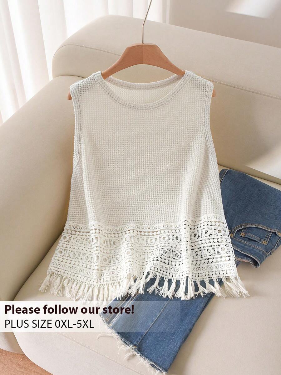 CosyJoli Plus Size Women's Simple Solid Color Lace Patchwork Camisole And Tank Top,Slightly Sheer, Casual Versatile Summer - Apricot - View 1