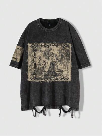 Goth Men's Goth Religious Character Angel Graphic Ripped Round Neck Casual Versatile Short Sleeve T-Shirt, Halloween, 2000s Style