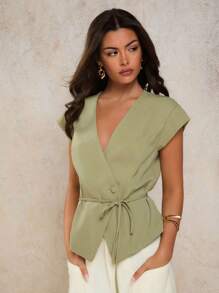 COSMINA Women's Elegant V-Neck Tie Waist Camisole, Spring/Summer - Olive Green - View 3