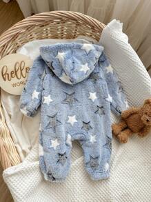 Baby Boys Blue Warm Thermal Lined Star Print Hooded Zipper Front Jumpsuit, All-Match Outfit For Fall & Winter - Blue - View 2