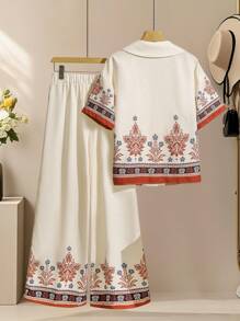 Lacomfia 2件套休闲装-短袖定位花印花衬衫+定位花印花裤，春夏 - 彩色 - 查看 2