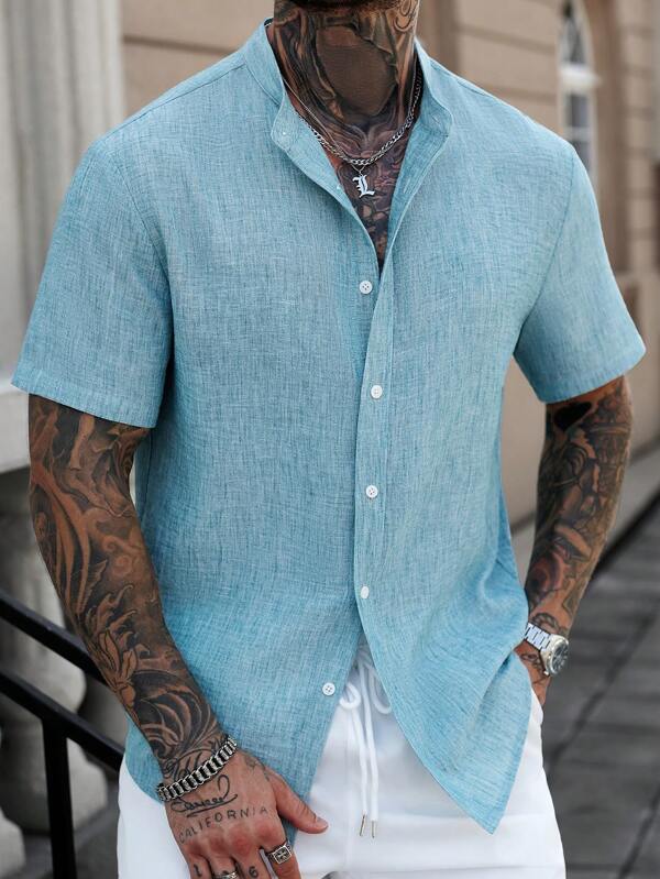 Manfinity CasualCool Men's White Stand Collar Linen Short Sleeve Shirt