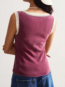 Bohemela Áo tank top dệt kim ôm dáng, màu trơn, viền ren, phong cách nghỉ dưỡng, cổ điển Boho Mỹ. - Màu Đỏ Sâu - Xem 7