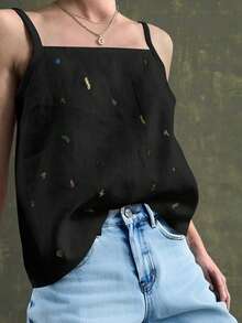 Jouncy Áo ba lỗ dây mảnh thêu họa tiết thường ngày thời trang mùa hè năm 2025 dành cho nữ - màu đen - Xem 5