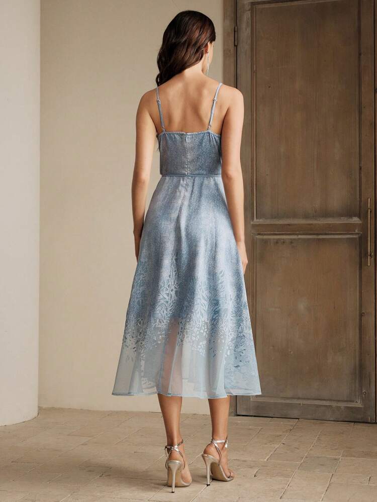 Sleeveless V-Neck Spring/Summer New Blue Ombre Tencel Jacquard Elegant Holiday Dress, A-Line