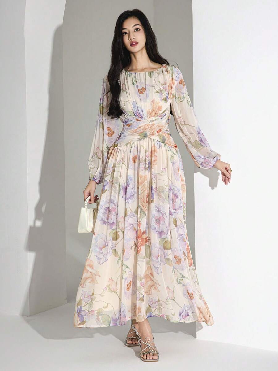 Heiryn Đầm dự tiệc cocktail tay dài đa năng họa tiết hoa chiffon thắt eo trang trí kim loại