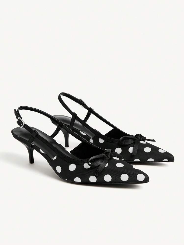 CUCCOO CHICEST Black Base White Dot Bow Decor Kitten Heel Fashion Elegant French Style Romantic Date Afternoon Tea High Heel Pumps