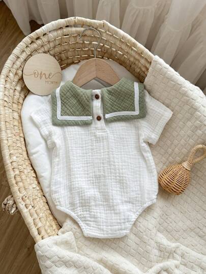Bộ đồ liền thân tay ngắn phong cách thể thao thường ngày cho bé trai/bé gái, thích hợp mặc vào mùa xuân/hè, trong nhà và ngoài trời
