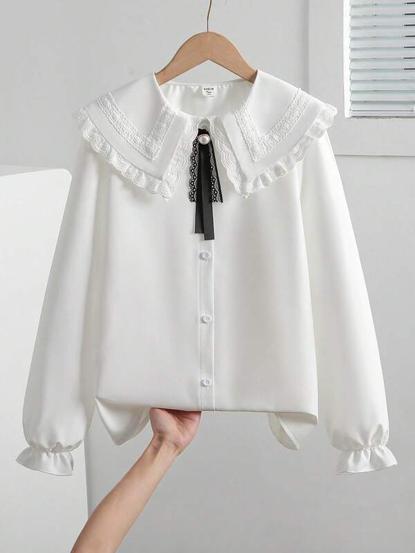 Girls' College Style White Blouse With Detachable Lace Collar, Bow Tie, And Ruffle Cuffs, Fashion Versatile Shirt For Back To School