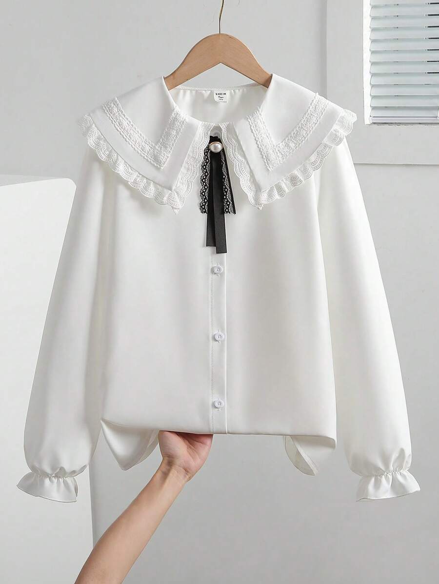 Girls' School Style White Blouse, Korean Version Peter Pan Collar Lace Trim, Detachable Bow Tie, Ruffle Cuff, Back To School Fashionable Versatile Shirt