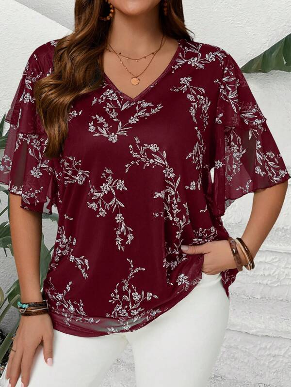 EMERY ROSE Plus Size Women V Neck Short Sleeve Floral Print Ruffle Sleeve Loose Fit Tunic Top Blouse,Summer Holiday,Vacation,Simple And Fashionable For Everyday Wear,Vacay Vibes,Springbreak,Casual Wear,Bohemia
