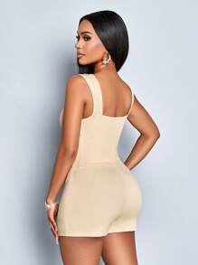 SOLERSUN Spring And Summer Women's Wear Daily Leisure Elegant Commuter Apricot Knitted Fabric Sleeveless Square Neck Open Back Decorative Pocket Cover Cropped Top Hip Fit Short Culottes With Front Slit