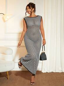 Elenzga 圆领撞色条纹修身宽松针织长裙，加大码女式无袖毛衣裙，适合夏季、度假、派对、优雅、正式、晚礼服 - 黑色 - 查看 7