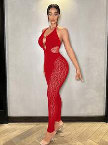 VaVaBold 1 bộ đồ liền thân hở lưng lưới họa tiết da báo màu trơn gợi cảm cho nữ nhân dịp năm mới - Đỏ - Xem 5